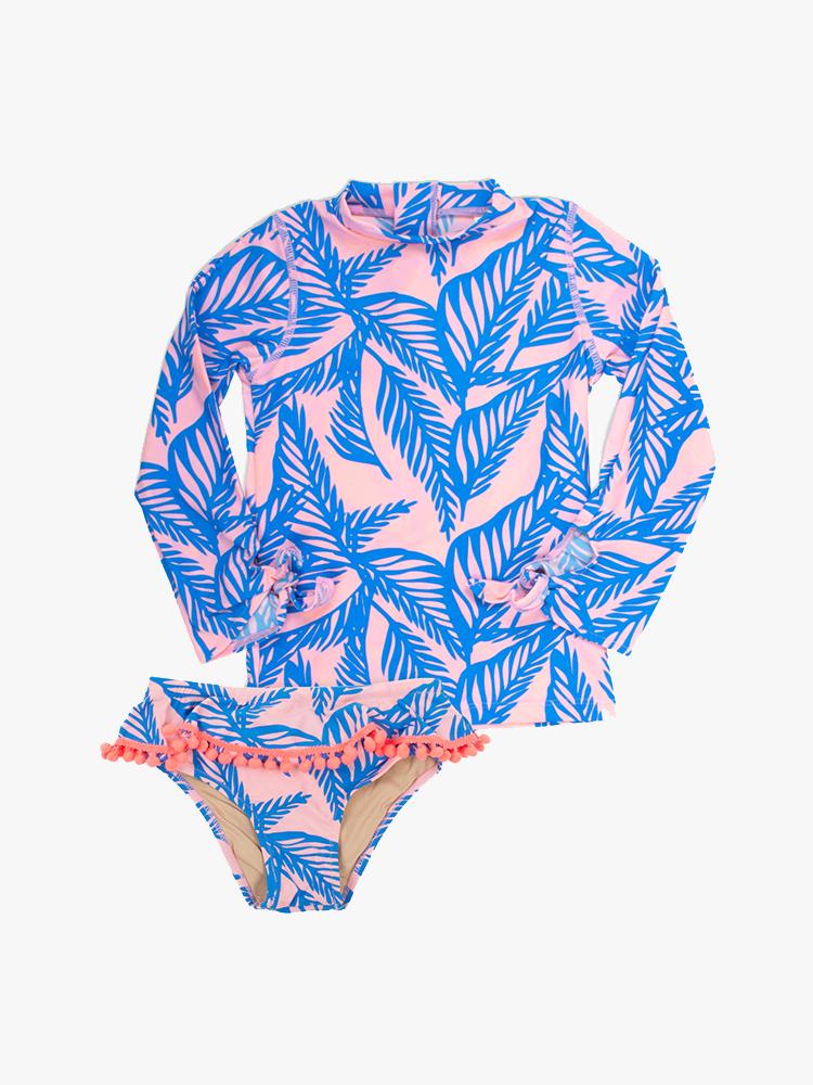 Shade Critters Little Girls’ Blue Palm Reader Two Piece Rash Guard Set - Saint Bernard