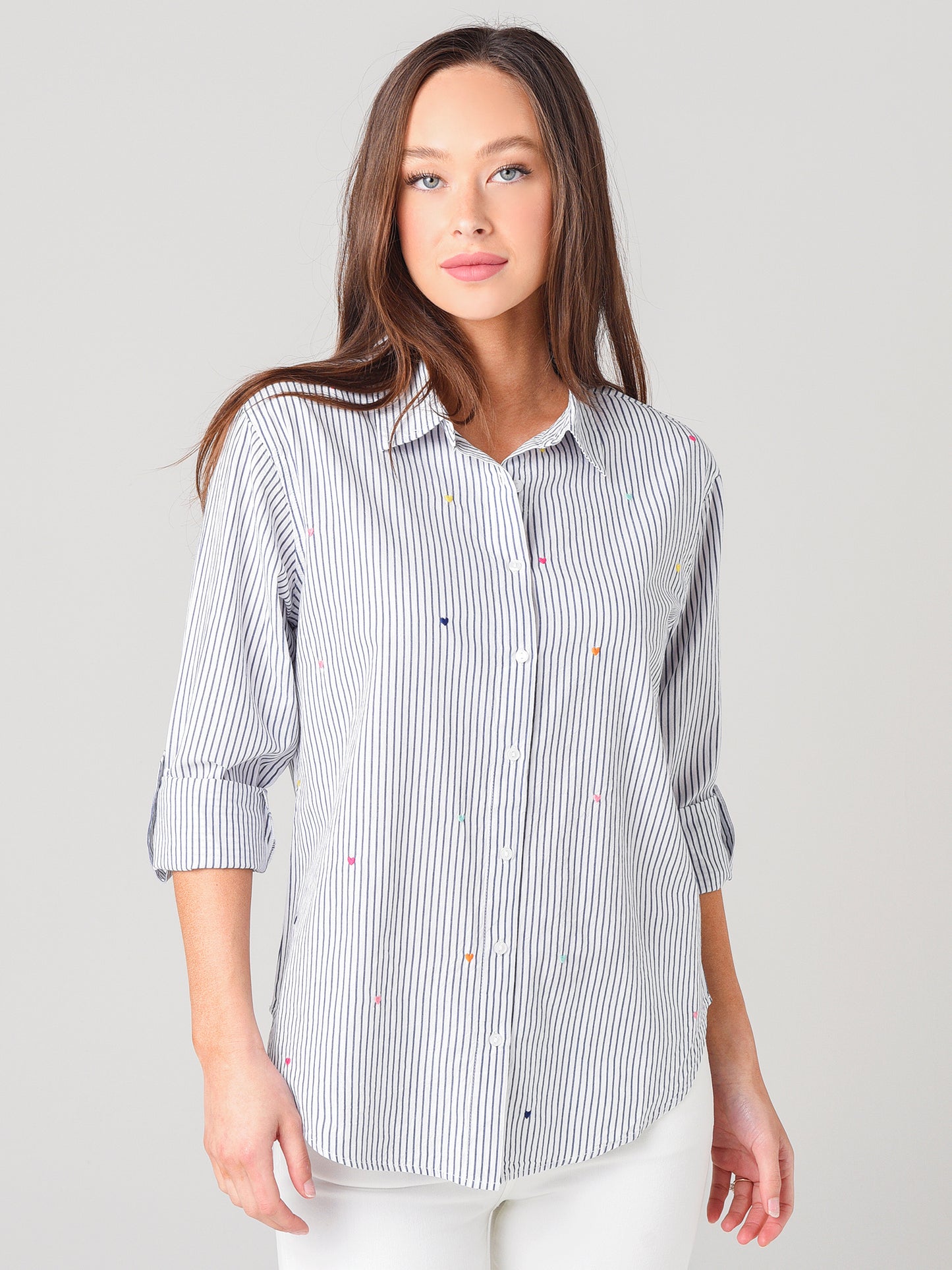 Sundry Women's Hearts Pin Stripe Oversized Shirt - Saint Bernard