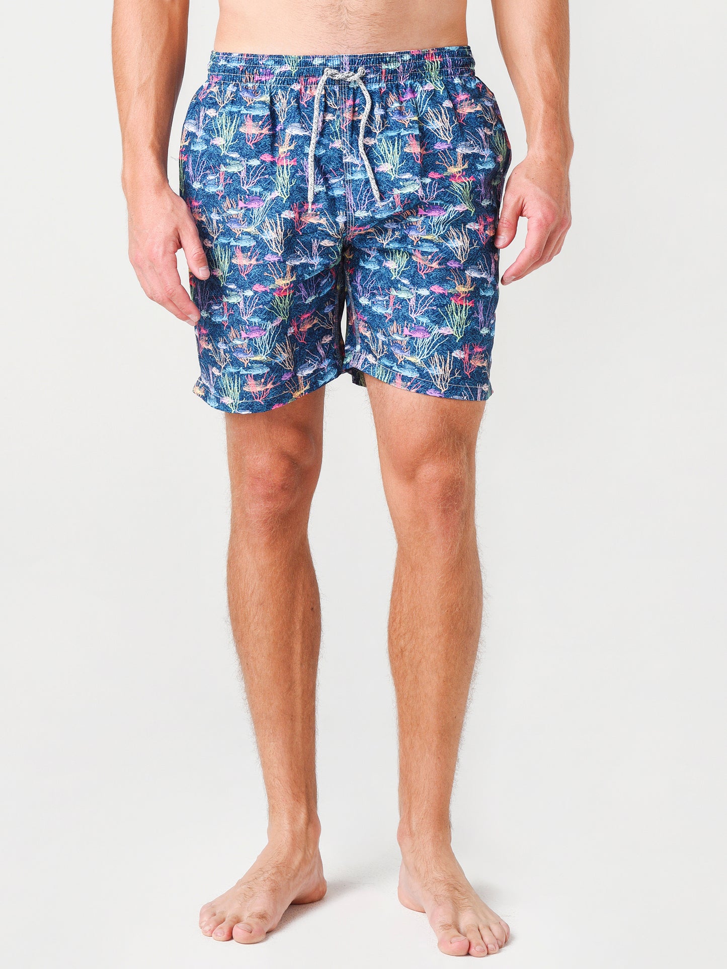 Michaels Swimwear Men's Fish & Coral Print Swim Trunk with Cyclist Liner