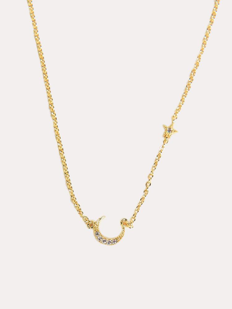 Tai Simple Chain Necklace With Cz Horizontal Moon And One Mini Star