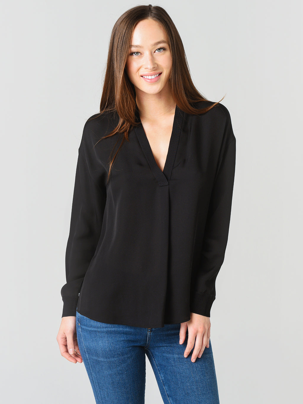 Vince Women's Long Sleeve Rib Trim Double V Neck - Saint Bernard