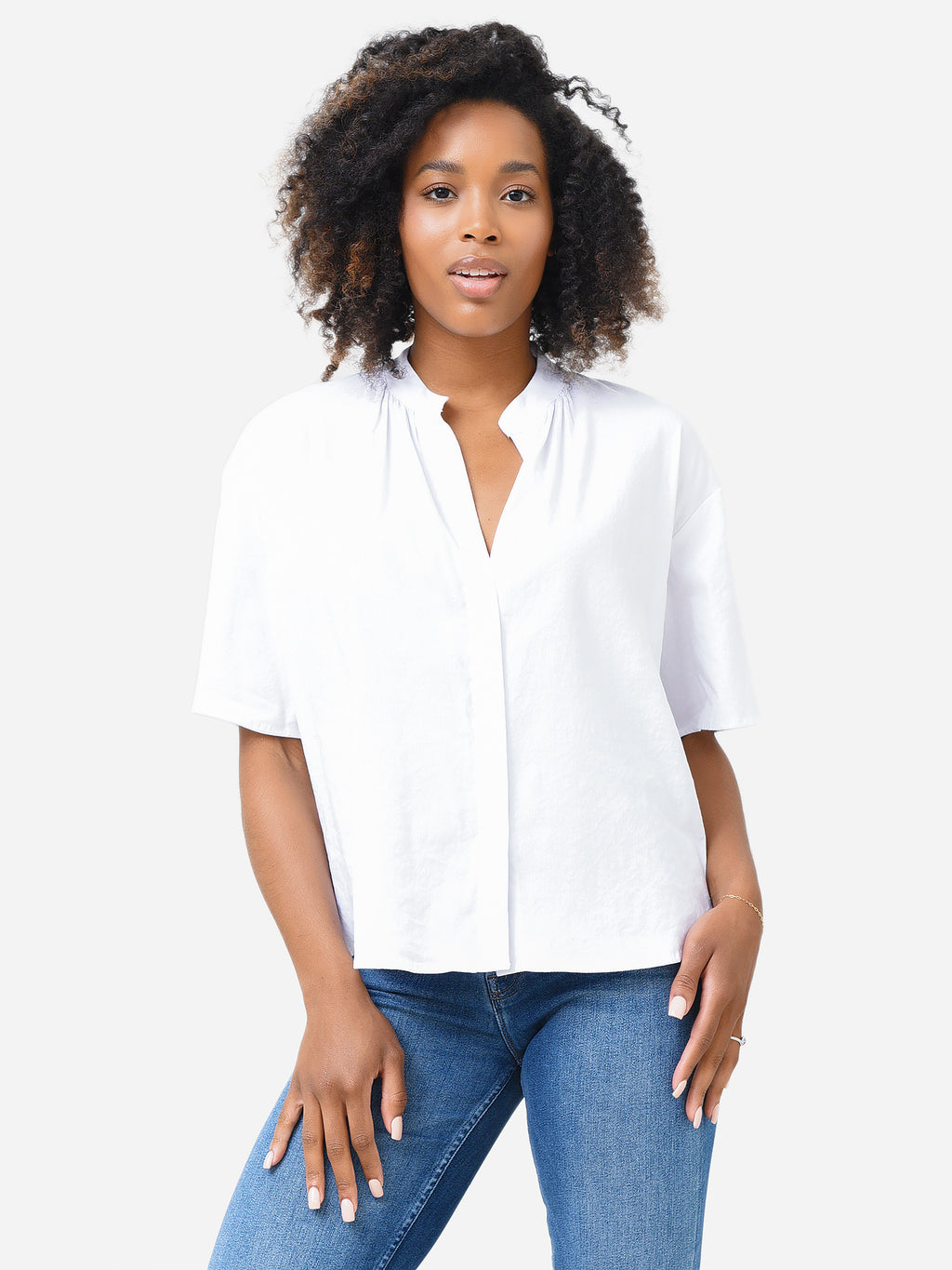 Vince Women's Short Sleeve Shirred Band Collar Blouse - Saint Bernard