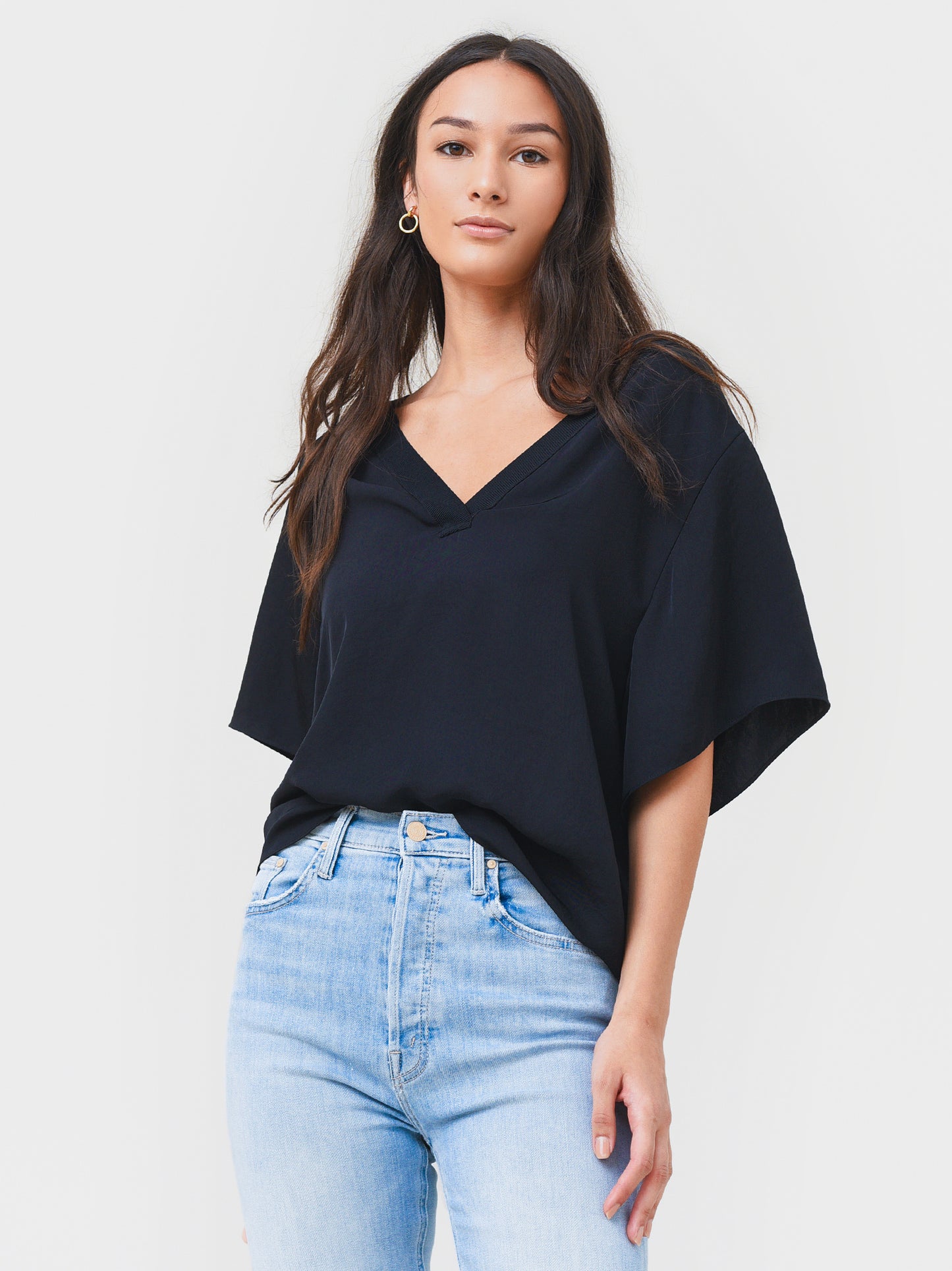 Vince Women's Rib Trim Double V-Neck Short Sleeve Tee - Saint Bernard