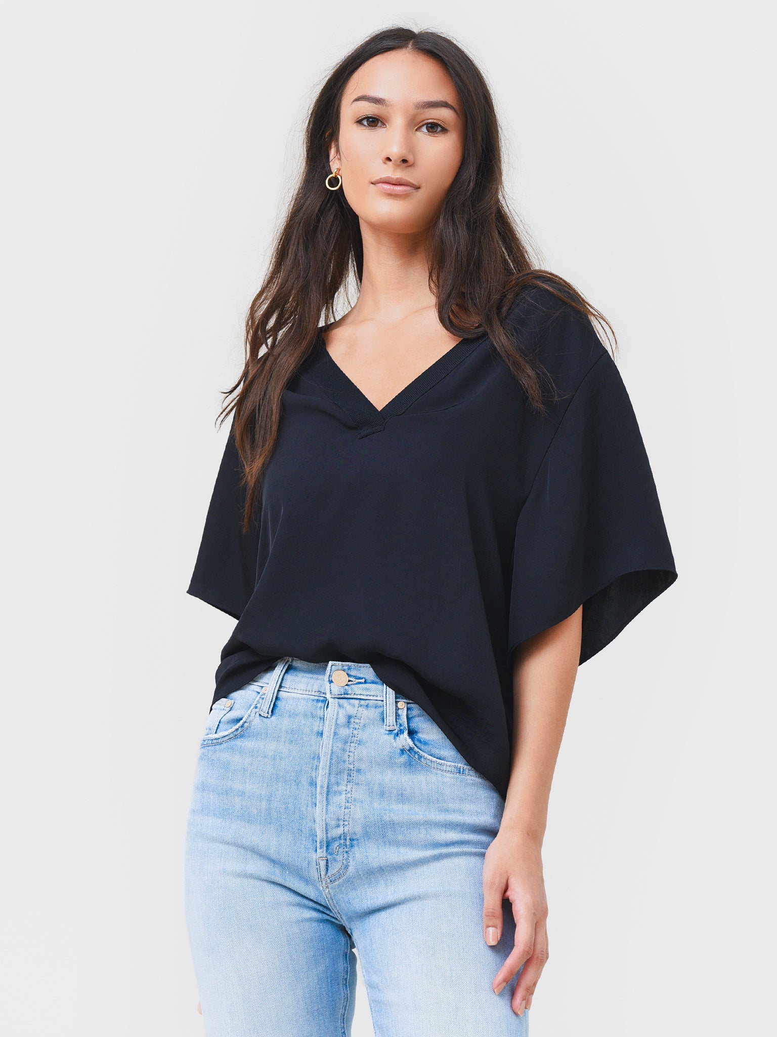 Vince Women's Rib Trim Double V-Neck Short Sleeve Tee - Saint Bernard