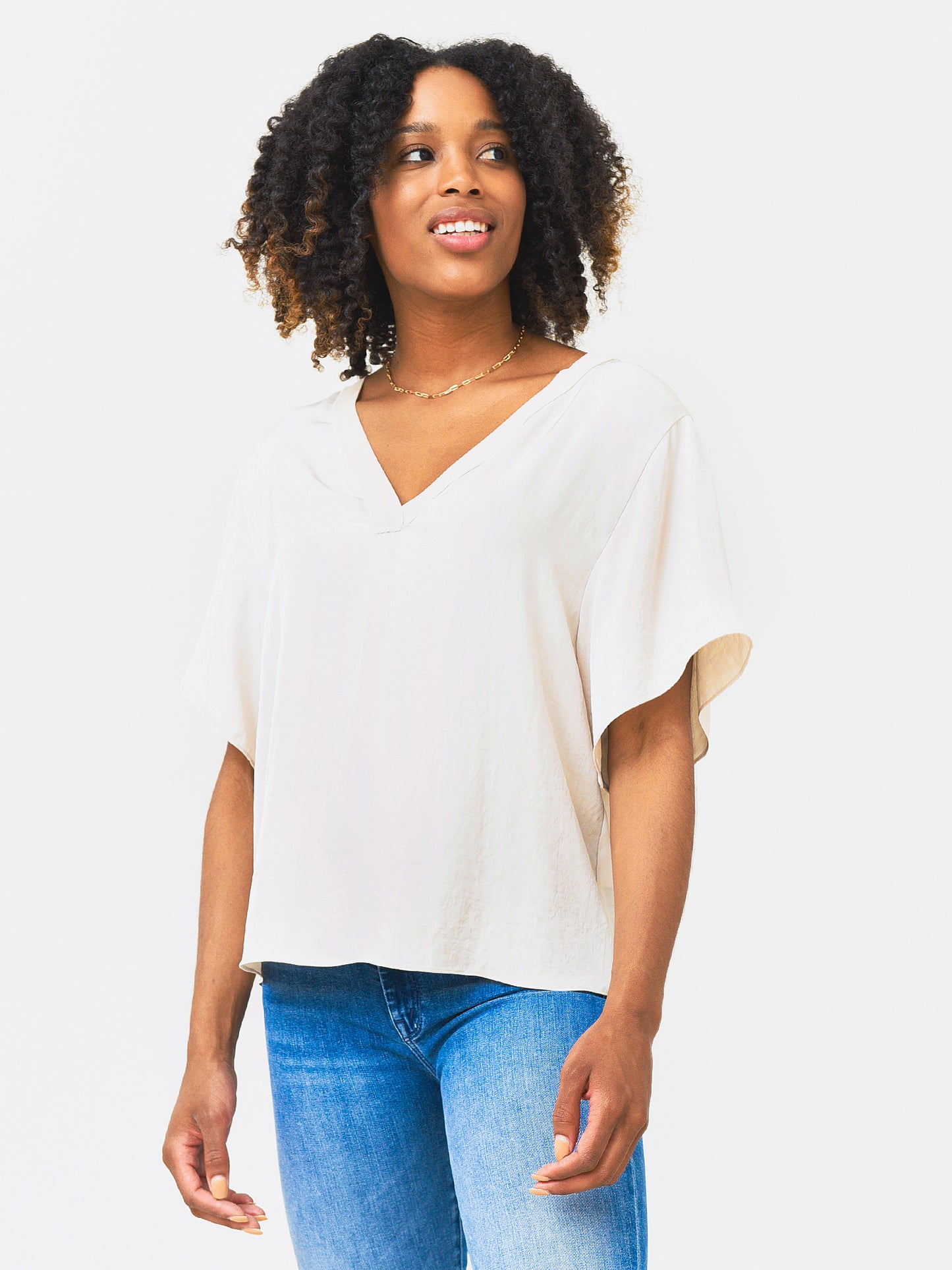 Vince Women's Rib Trim Double V-Neck Short Sleeve Tee - Saint Bernard