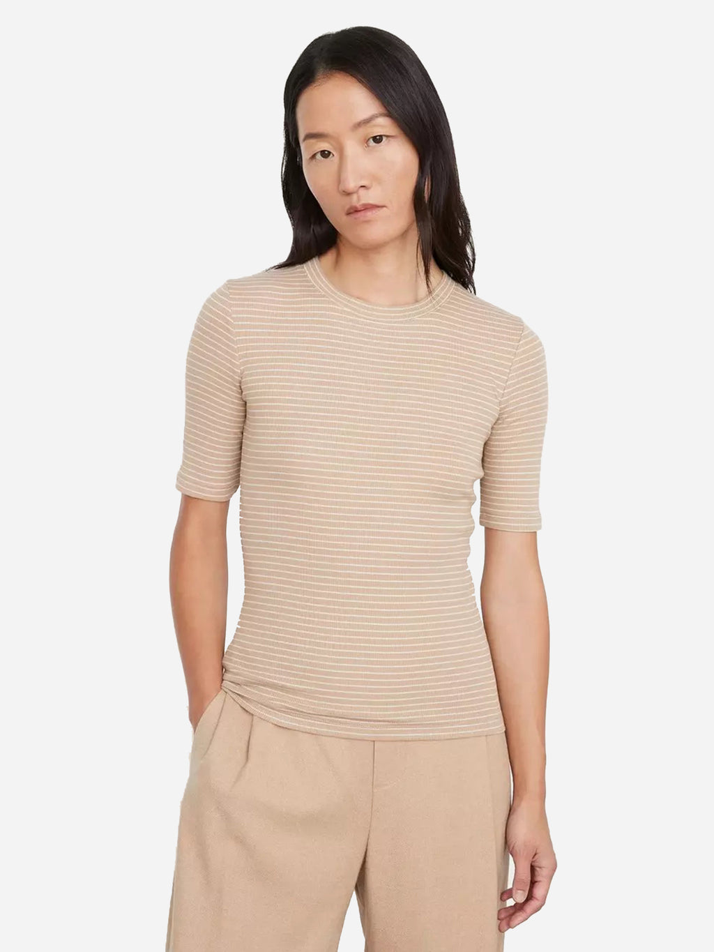Vince Women's Striped Elbow Sleeve Crew Neck Tee - Saint Bernard
