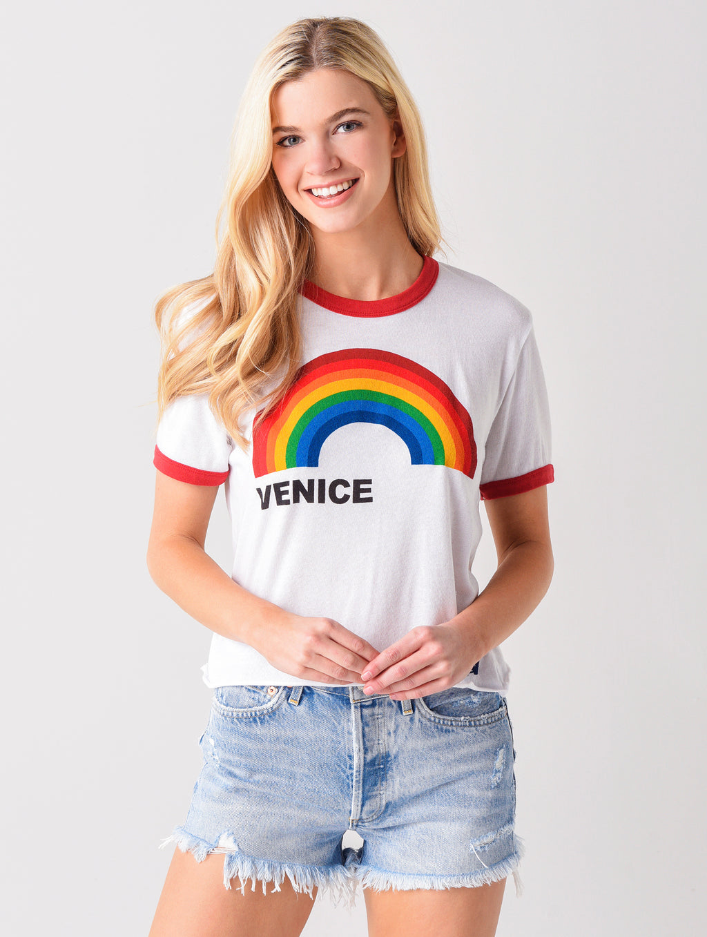 Aviator Nation Venice Rainbow Boyfriend Ringer Tee - Saint Bernard