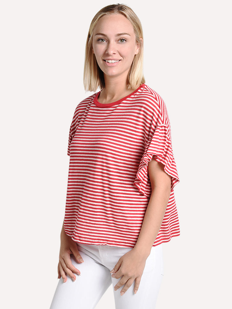 Velvet Women's Adaline Stripe Linen Knit Ruffle Sleeve Tee - Saint Bernard