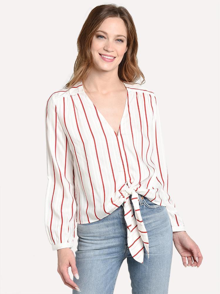 J.O.A. Women's Striped Knot Top With Tie Front Button Down