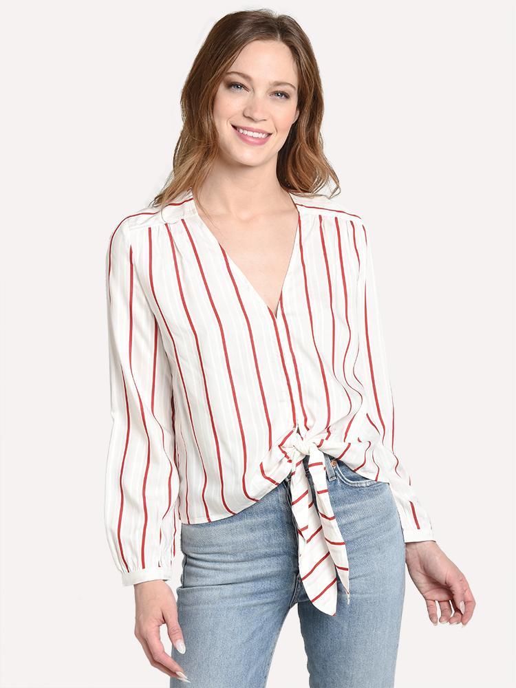 J.O.A. Women's Striped Knot Top With Tie Front Button Down - Saint Bernard