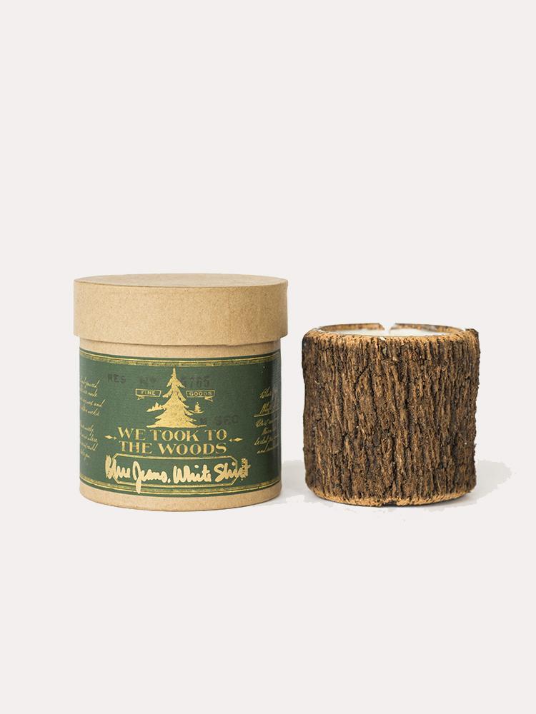 We Took To The Woods Blue Jeans, White Shirt Bark Candle - Saint Bernard