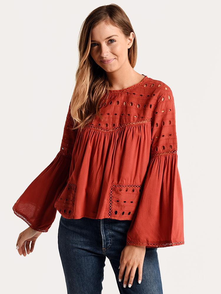 Glam Solid Eyelet Long Sleeve Peasant Top - Saint Bernard