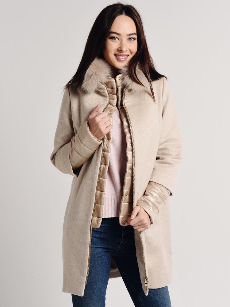 Herno Women's Cashmere Cocoon Coat with Removable Sleeves and Windgaurd Fur Collar