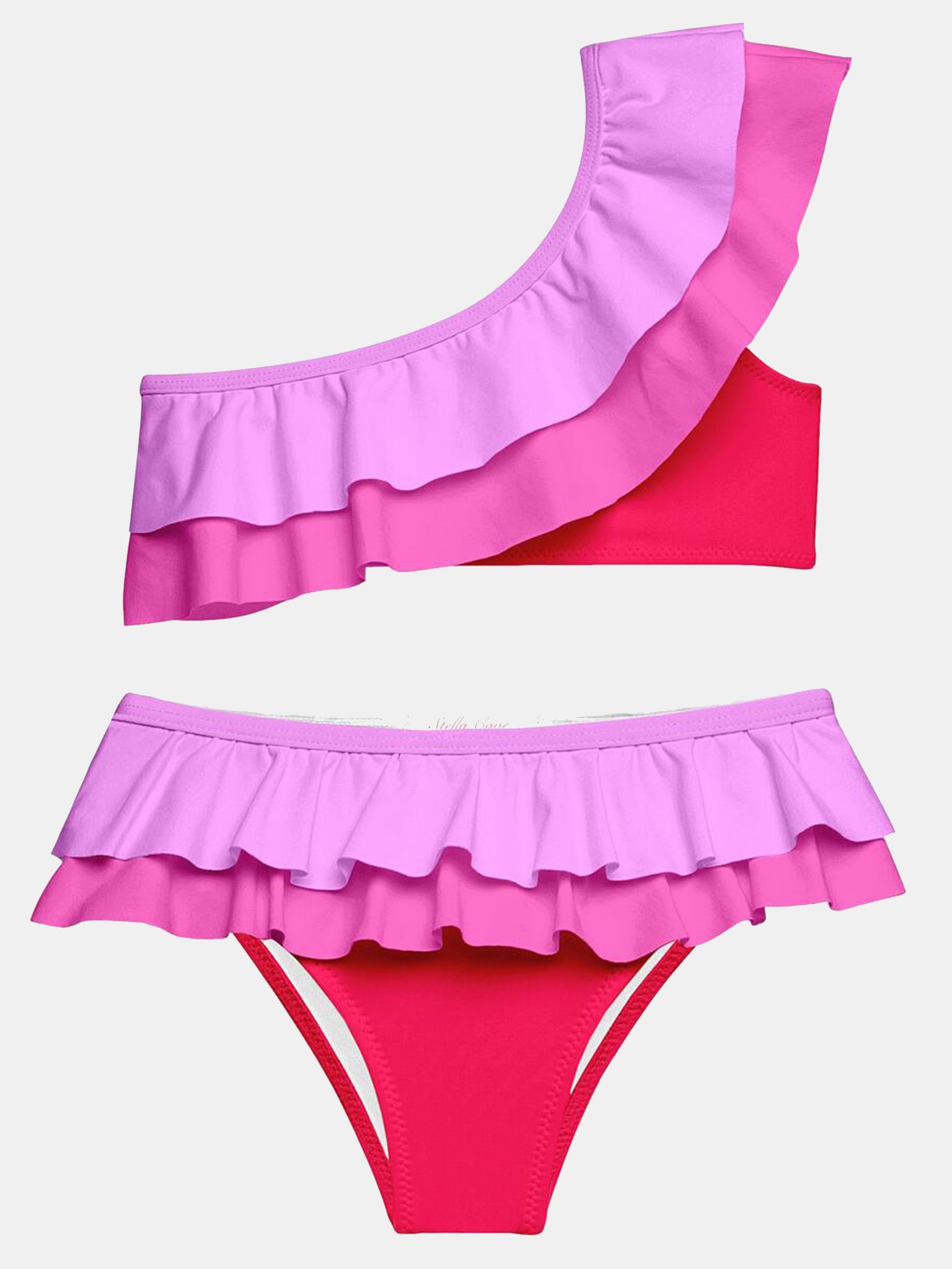 Stella Cove Girls' Pink Double Ruffle One Shoulder Bikini - Saint Bernard
