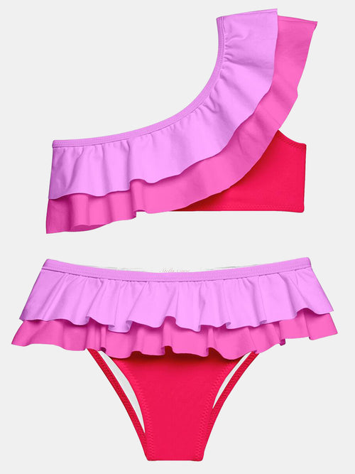 Stella Cove Girls' Pink Double Ruffle One Shoulder Bikini