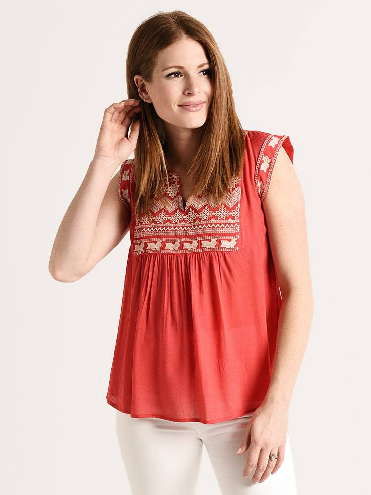 THML Women's Embroidered Cap Sleeve Top - Saint Bernard