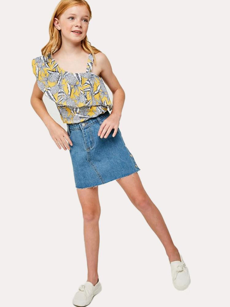Hayden Denim Button-Side Frayed Mini Skirt