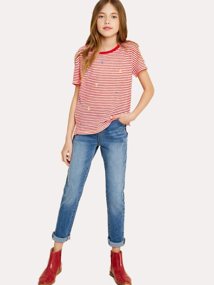 Hayden Girls' Embroidered Flower High-Low Tee - Saint Bernard