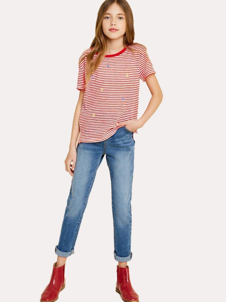Hayden Girls' Embroidered Flower High-Low Tee - Saint Bernard