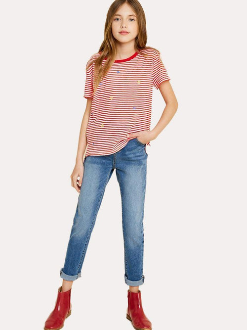 Hayden Girls' Embroidered Flower High-Low Tee - Saint Bernard