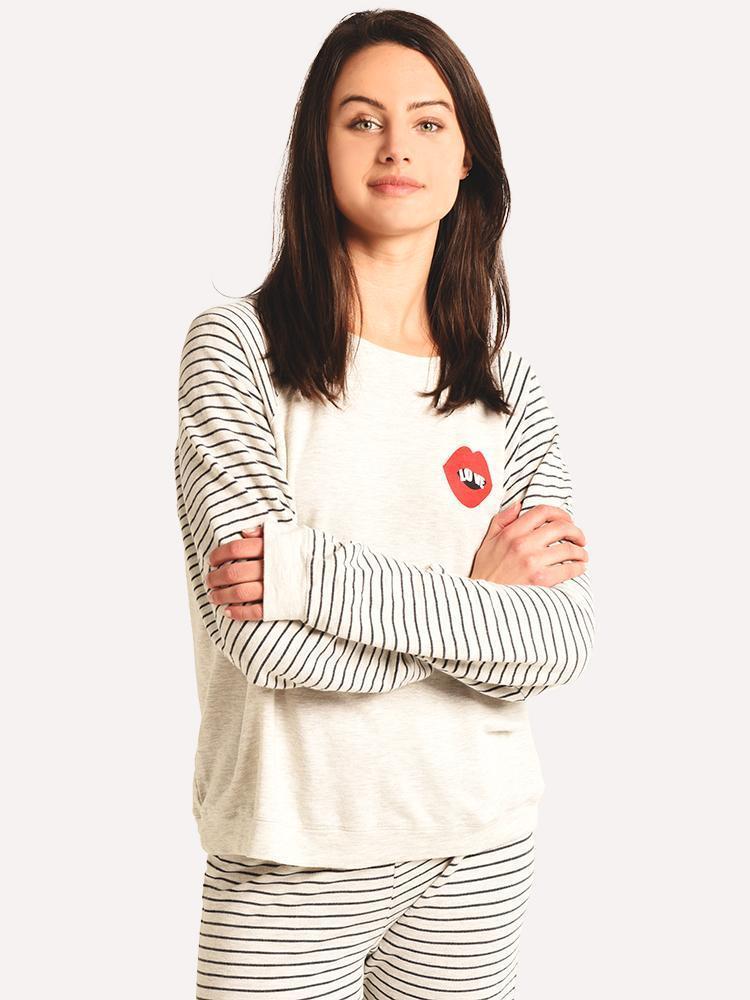 Monrow Love Lips Oversized Raglan Pinstripe Sweatshirt - Saint Bernard