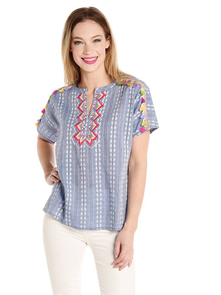 THML Short Sleeve Shift Top with Tassel Trim - Saint Bernard