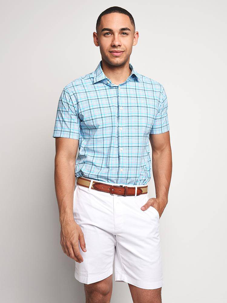 Peter Millar Men's Thimble Performance Featherweight Multi-Plaid Short-Sleeve Woven - Saint Bernard