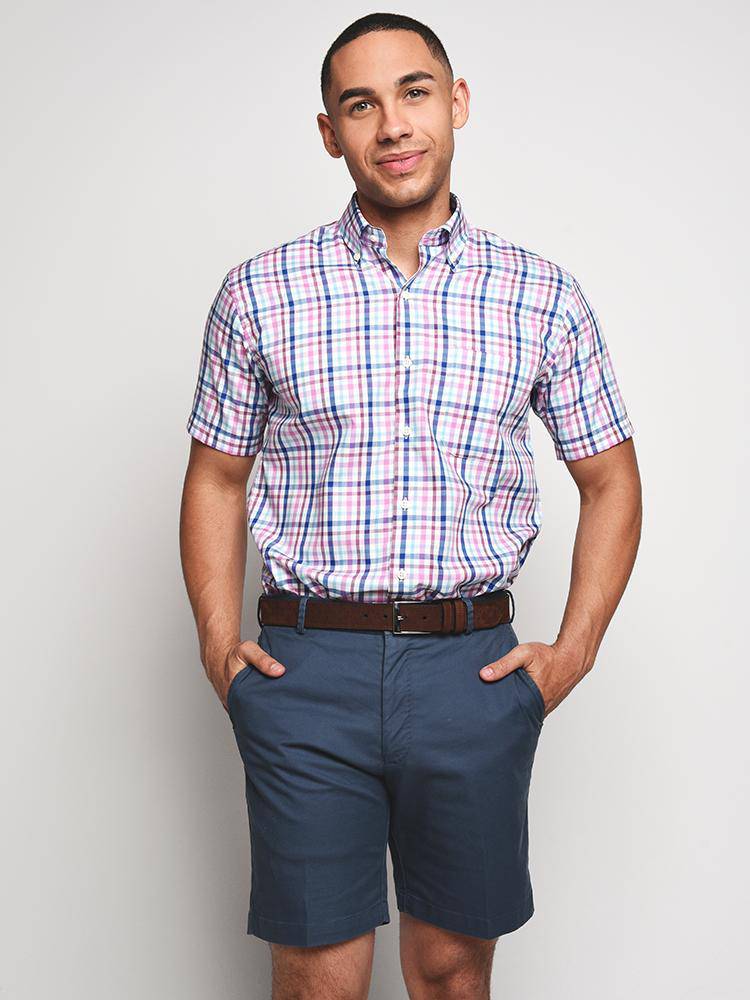 Peter Millar Men's Crown Ease Bonne Check Short Sleeve Sport Shirt - Saint Bernard
