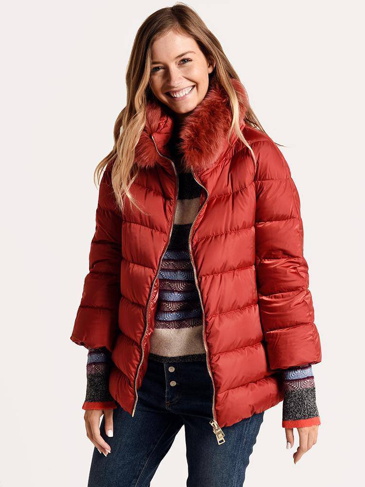 Herno Women's Sateen Short Cocoon Jacket with Fur Collar - Saint Bernard