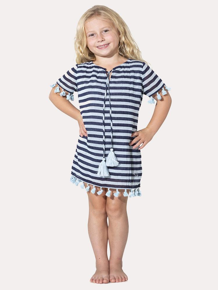 Sail To Sable Girls' Short Sleeve Crinkle Cotton Tassel Dress - Saint Bernard